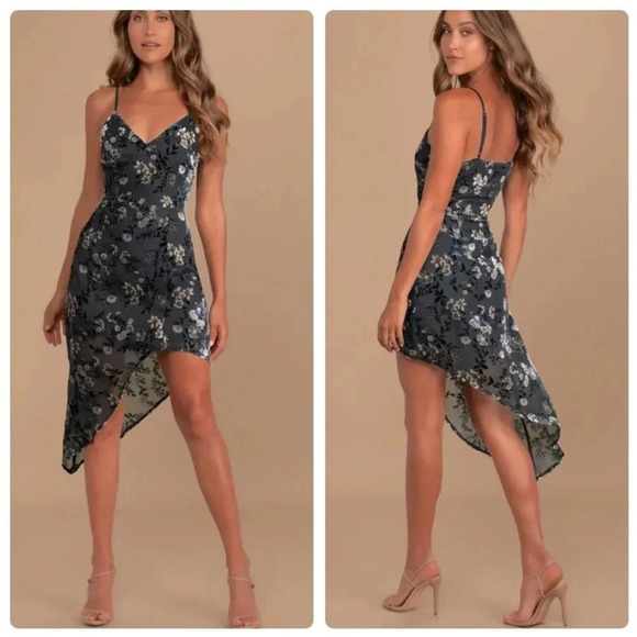 Lulus Dresses & Skirts - Lulus Evenings with You Dark Teal Floral Velvet Asymmetrical Dress